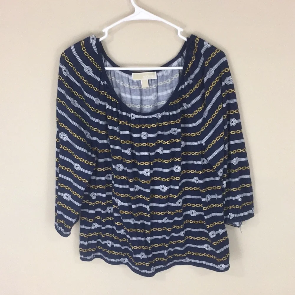 Michael Kors Navy Nautical Peasant Top Size Large